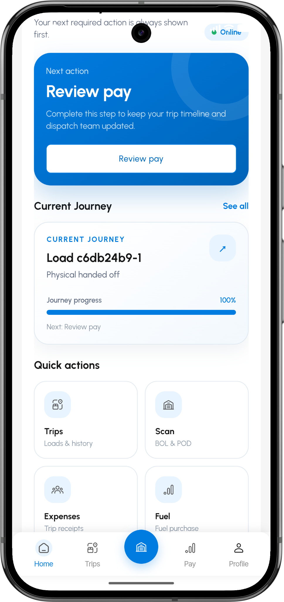 TTMS Fleet Mini driver home screen showing current journey and quick actions