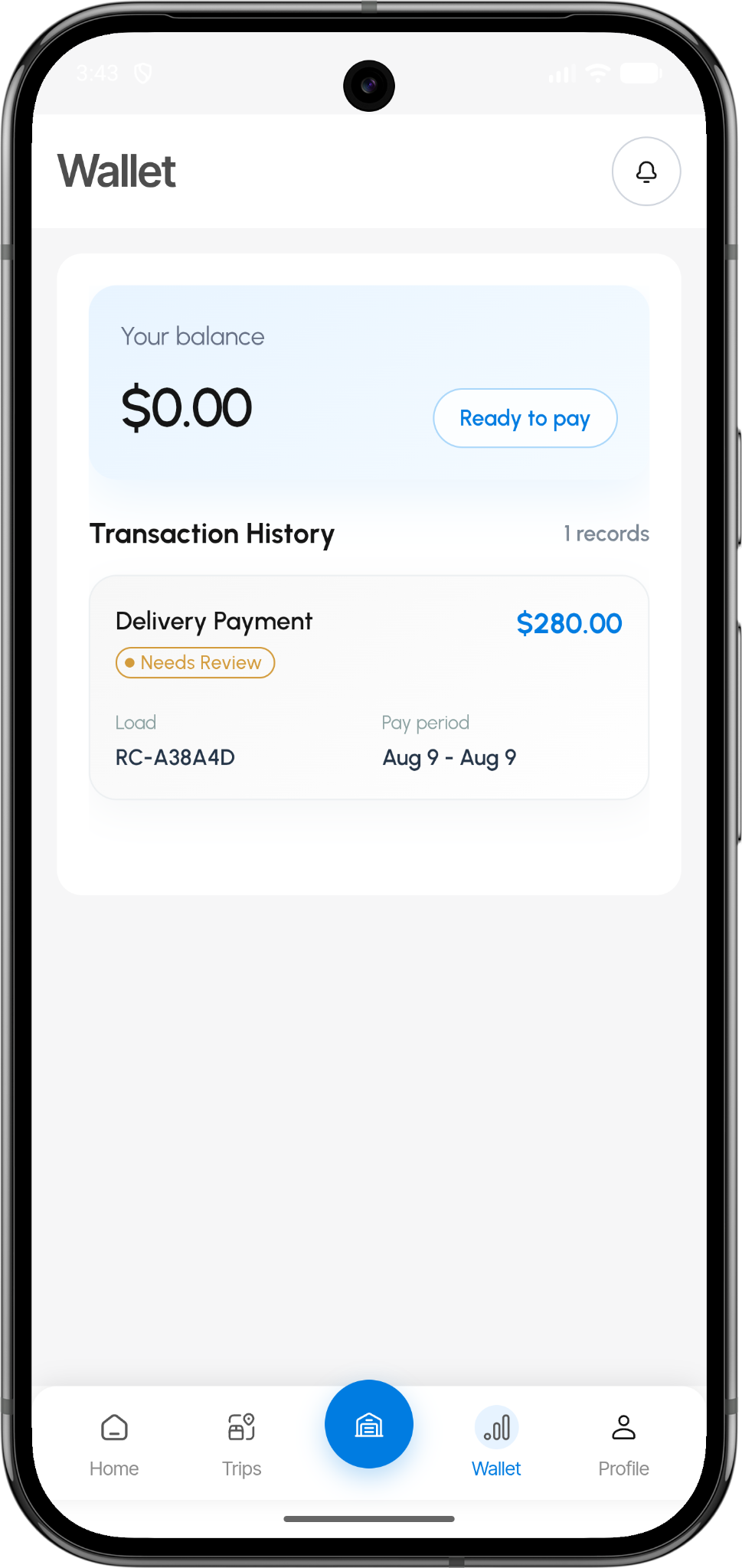 TTMS Fleet Mini Wallet and pay screen