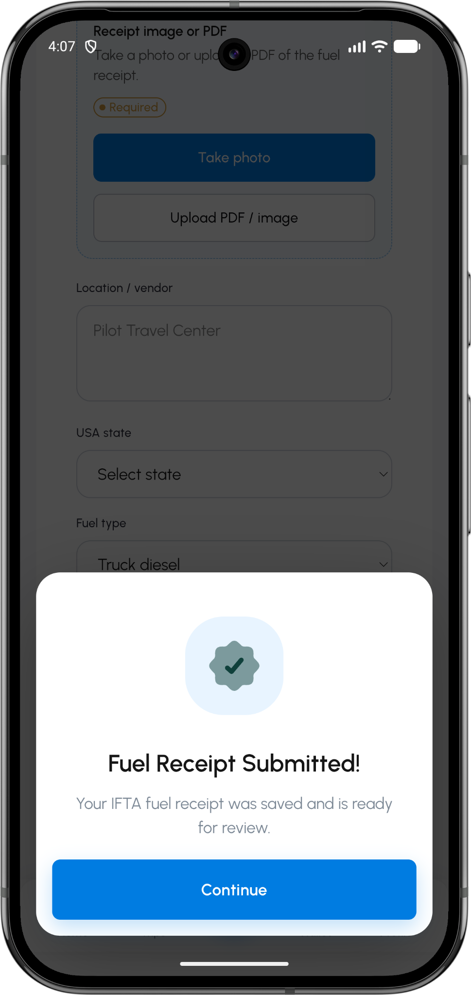 TTMS Fleet Mini fuel receipt screen