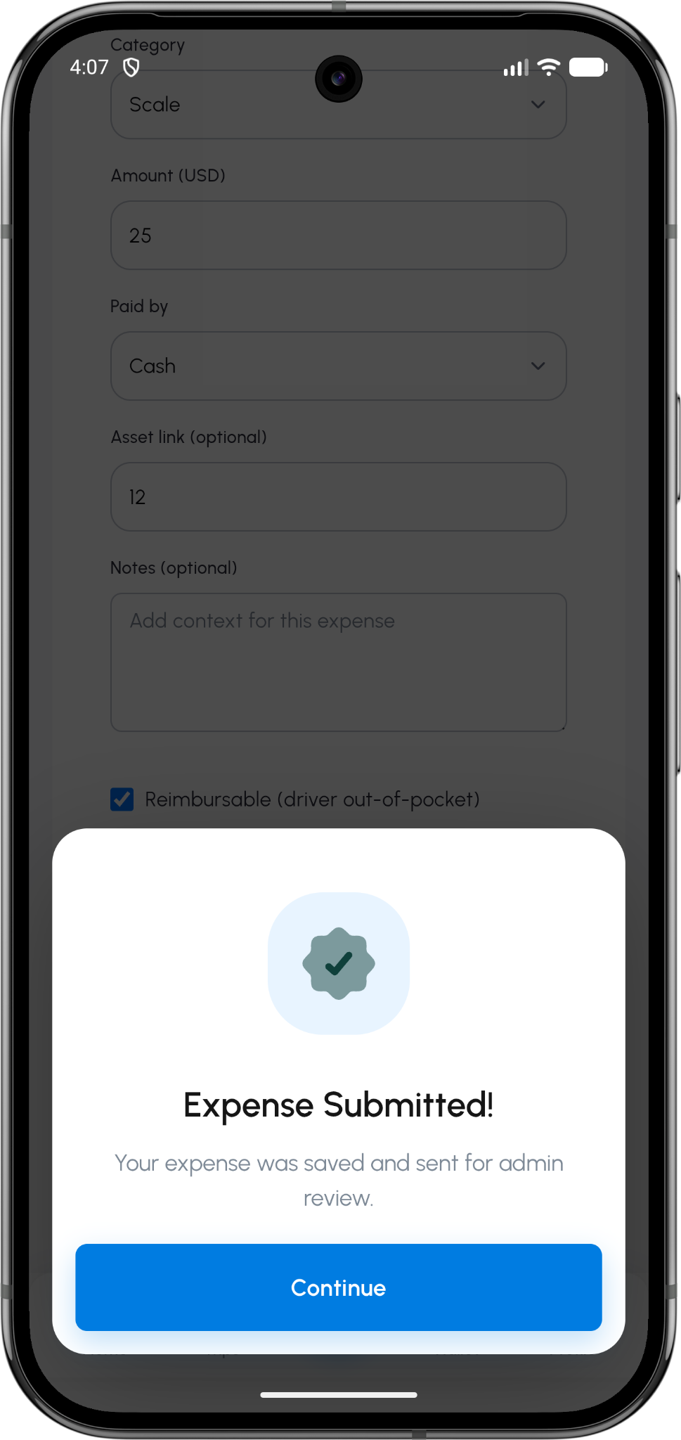 TTMS Fleet Mini expense submission screen