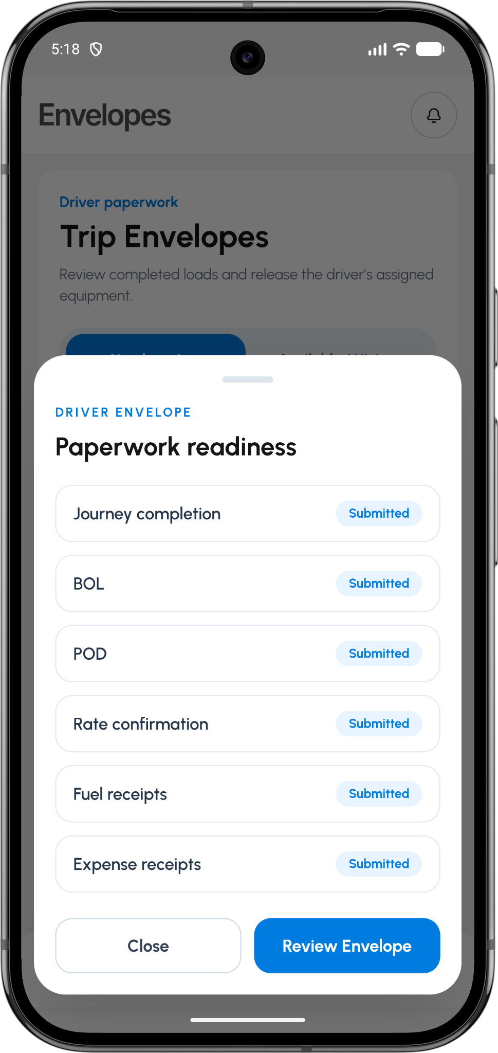 TTMS Fleet Mini envelope readiness screen